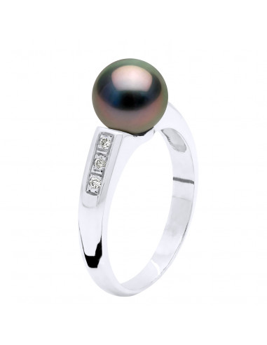 Bague Jonc Joaillerie Perle de Tahiti Ronde 8-9 mm - Diamants 0.060 Cts - Or 375 - POEMANA