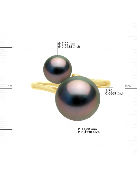 Bague Jonc Duo Perles de Tahiti Rondes 7-8 mm et 11-12 mm - Or 375 - MAUPITI