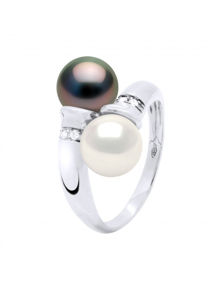 Ring You & Me - Tahitian Beads and Fresh Water Round 8-9 mm - Diamonds 0.040 CTS - Jewelry Gold 375 - Manae
