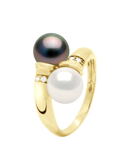Ring You & Me - Tahitian Beads and Fresh Water Round 8-9 mm - Diamonds 0.040 CTS - Jewelry Gold 375 - Manae