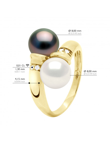 Bague TOI & MOI - Perles de Tahiti et d'Eau Douce Rondes 8-9 mm - Diamants 0.040 Cts  - Joaillerie Or 375 - MANAE