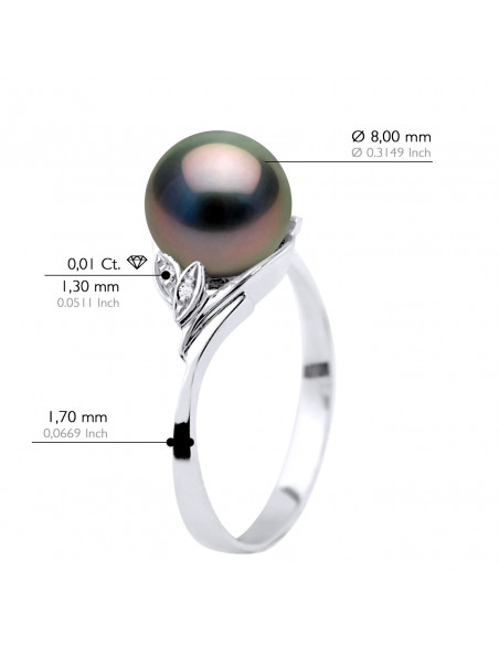 Round Tahitian Pearl Ring 8-9 mm - Diamonds 0.040 CTS - Jewelry Gold 375 - Ahunui