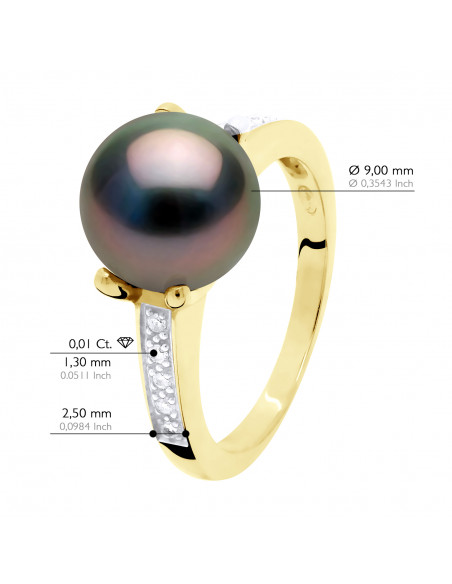 Bague Jonc Joaillerie Perle de Tahiti Ronde 9-10 mm - Diamants 0.10 Cts - Or 375 - ARATIKA