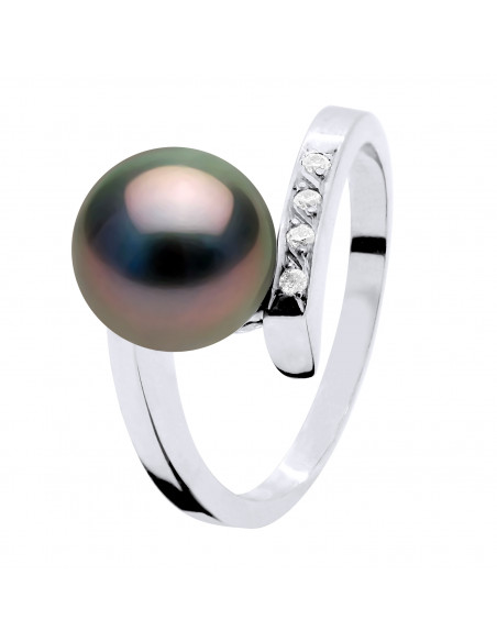Bague Jonc Joaillerie Perle de Tahiti Ronde 8-9 mm - Diamants 0.040 Cts - Or 375 - RAVANUI