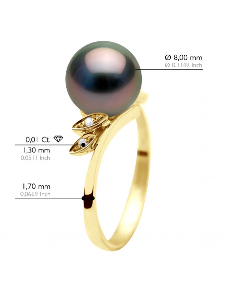 Round Tahitian Pearl Ring 8-9 mm - Diamonds 0.040 CTS - Jewelry Gold 375 - Tavana