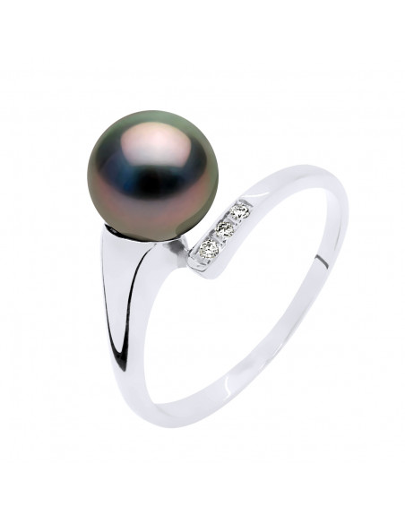 Ring Round Jewelery Tahitian Pearl Round 8-9 mm - Diamonds 0.030 CTS - Gold 375 - Reao
