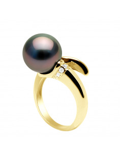 Bague Perle de Tahiti Ronde 10-11 mm - Diamants 0.10 Cts...