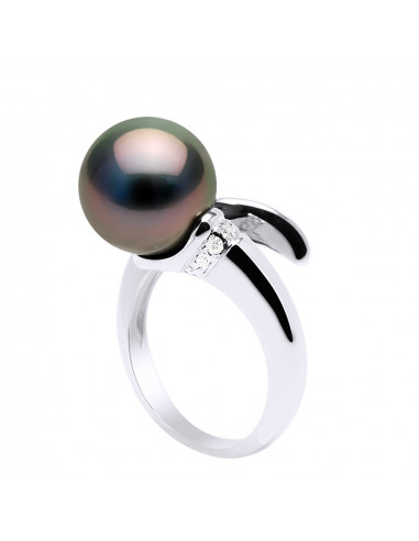 Bague Perle de Tahiti Ronde 10-11 mm - Diamants 0.10 Cts - Joaillerie Or 750 - BORA BORA