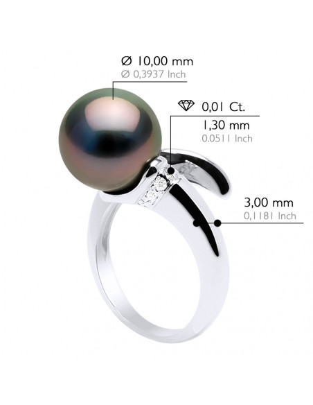 Bague Perle de Tahiti Ronde 10-11 mm - Diamants 0.10 Cts - Joaillerie Or 750 - BORA BORA