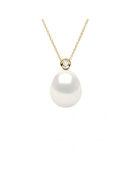 Colliers Joaillerie Perles Poires - Tailles de 8 à 12 mm - Diamants 0.010 Cts - Chaîne Forçat - Or 750 - CASTEL