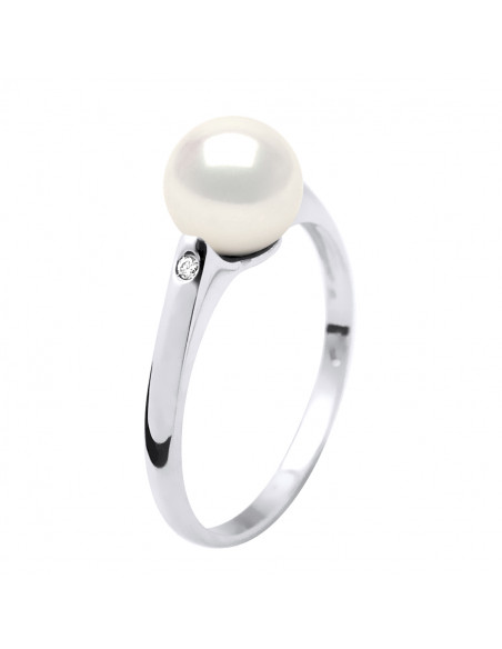 Ring Jewelry Round Pearl 8-9 mm - Diamonds 0.020 CTS - Gold 750 - Suresnes