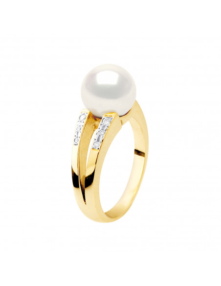 Bague PRESTIGE Perle Ronde 8-9 mm - Diamants 0.060 Cts - Or 375 - FONTAINEBLEAU