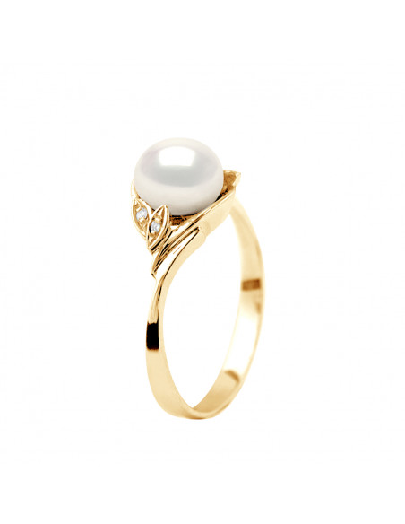 Ring Jewelry Pearl Button 7-8 mm - Diamonds 0.020 CTS - Gold 375 - Blois