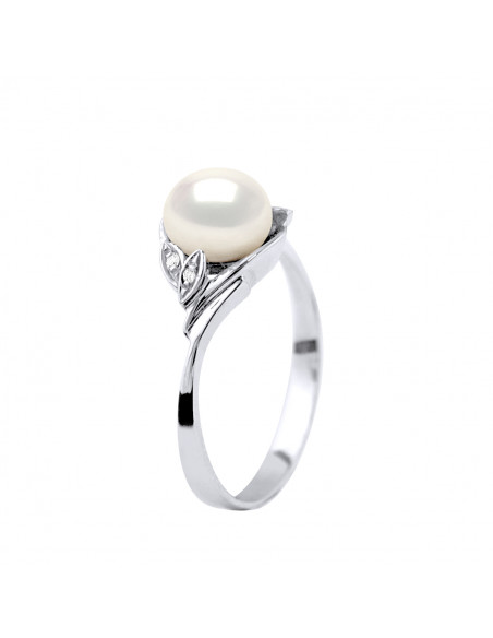 Bague Joaillerie Perle Bouton 7-8 mm - Diamants 0.020 Cts - Or 375 - BLOIS