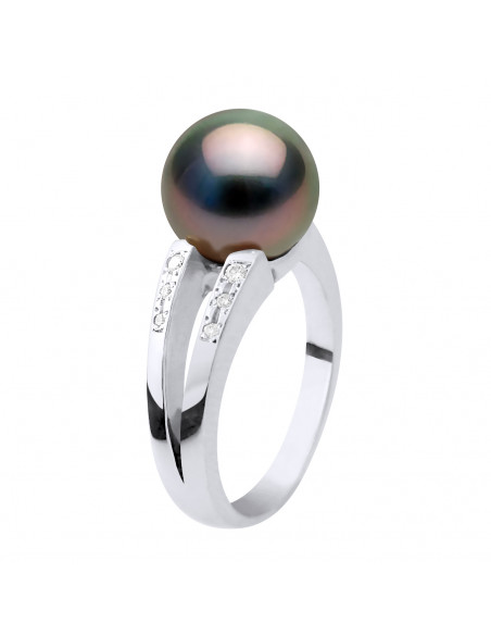 Ring Round Jewelery Tahitian Pearl Round 8-9 mm - Diamonds 0.040 CTS - Gold 750 - Akoaki