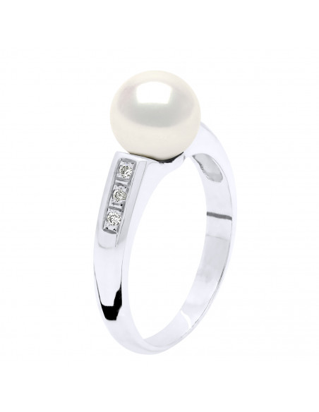 Bague Jonc Joaillerie Perle Ronde 8-9 mm - Diamants 0.060 Cts - Or 750 - FERRAUD