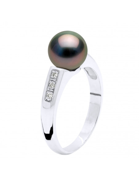 Bague Jonc Joaillerie Perle de Tahiti Ronde 8-9 mm - Diamants 0.060 Cts - Or 750 - RAPANUI