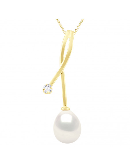 Collier Pendentif Joaillerie Perle Poire 8-9 mm - Diamants 0.020 Cts - Or 375 - POMPADOUR