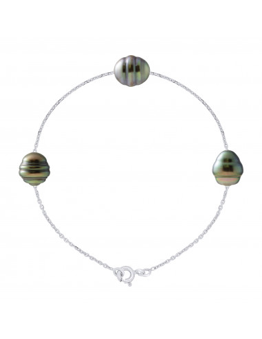 Bracelet 3 Perles de Tahiti Cerclées 9-10 mm - Chaîne Forçat - Argent 925 - NUATAVO