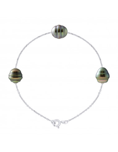 Bracelet 3 Perles de Tahiti Cerclées 9-10 mm -...