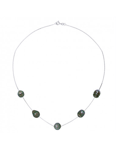 Collier Chainage 5 Perles de Tahiti Cerclées - Chaîne Forçat - Argent 925 - MIKADANO