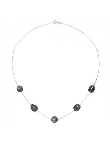 Collier Chainage 5 Perles de Tahiti Cerclées -...