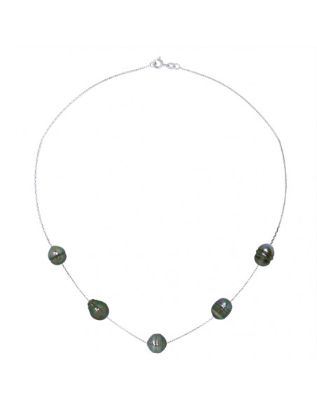 Collier Chainage 5 Perles de Tahiti Cerclées - Chaîne Forçat - Argent 925 - MIKADANO