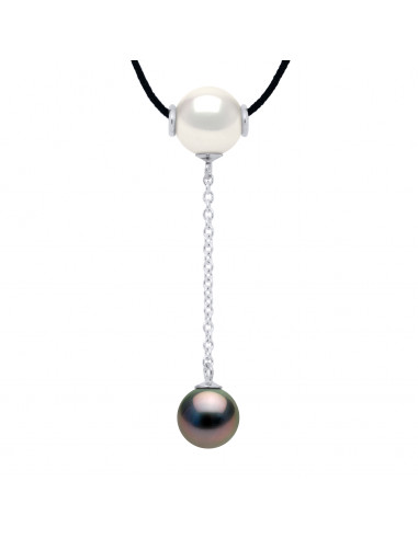 Collier Lien Cordon Noir Perle de Tahiti Ronde 8-9  mm - Argent 925 - TERITAO