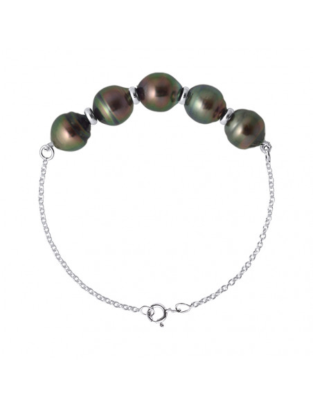 Bracelet 5 Perles de Tahiti Cerclées 8-9 mm - Chaîne Forçat - Or 375 - NUI