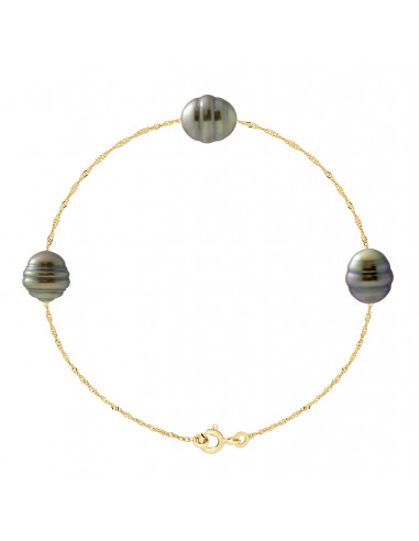 Bracelet 3 Perles de Tahiti Cerclées 8-9 mm - Chaîne Singapour - Or 375 - MAHANI