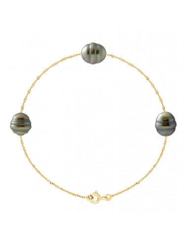 Bracelet 3 Perles de Tahiti Cerclées 8-9 mm -...