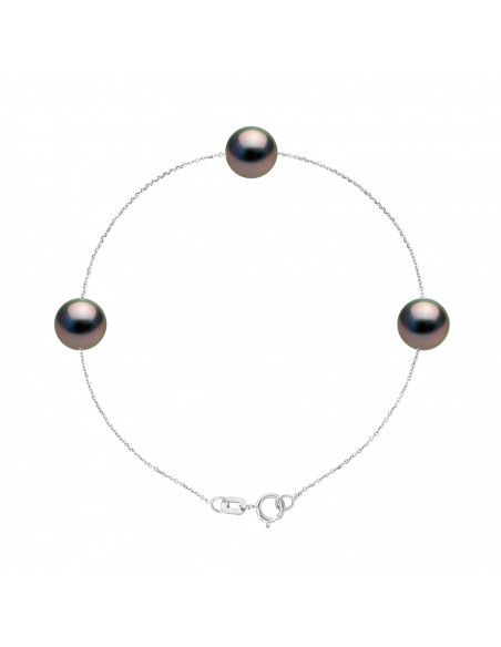 Bracelet 3 Perles de Tahiti Rondes 7-8 mm - Chaîne Forçat - Or 375 - TAKARU