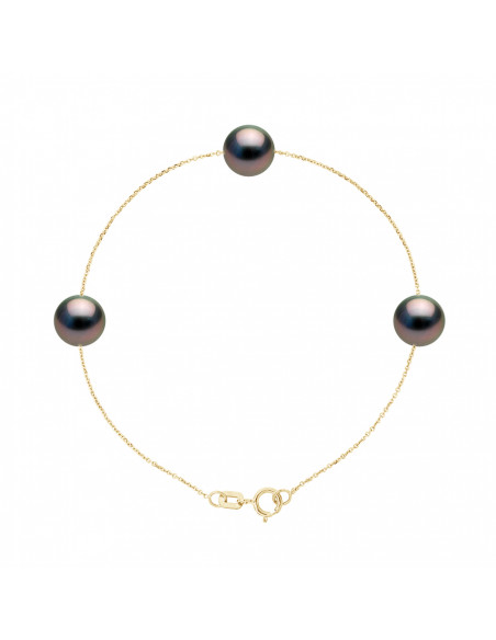 Bracelet 3 Perles de Tahiti Rondes 7-8 mm - Chaîne Forçat - Or 375 - TAKARU