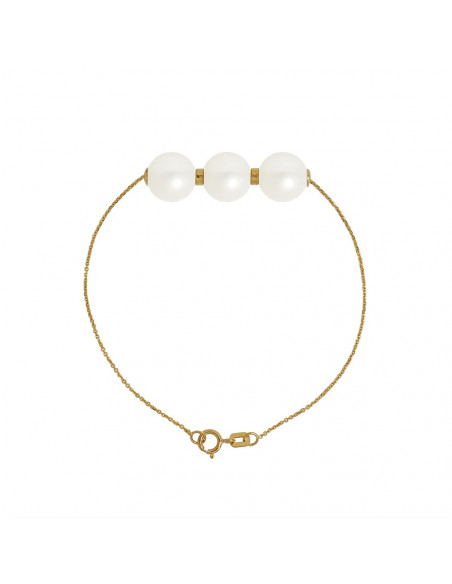 Bracelet PRESTIGE 3 Perles Rondes 9-10 mm - Chaine Forçat - Or 375 - MASSY