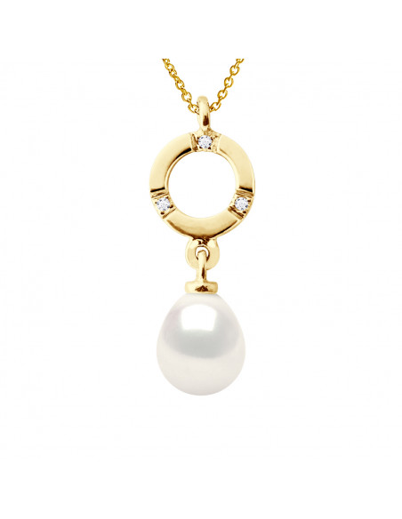 Colliers Joaillerie Perle Poire - Tailles de 7 à 10 mm - Diamant 0.010 Cts - Or 375 - Chaîne Forçat - FOUCHET