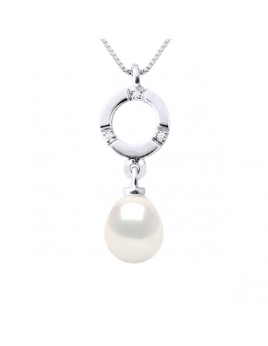 Colliers Joaillerie Perle Poire - Tailles de 7 à 10 mm - Diamant 0.010 Cts - Or 375 - Chaîne Forçat - FOUCHET