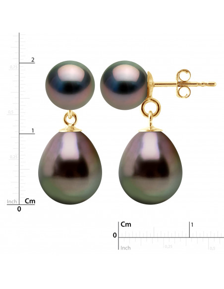 Boucles d'Oreilles Duo Perles de Tahiti Rondes 7-8 mm et Poires 9-10 mm - Système Poussettes - Or 375 - TIKEHAU