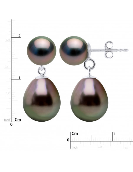 Boucles d'Oreilles Duo Perles de Tahiti Rondes 7-8 mm et Poires 9-10 mm - Système Poussettes - Or 375 - TIKEHAU