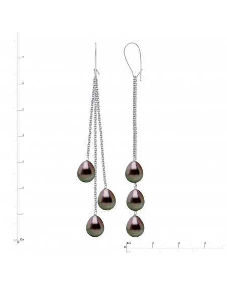Boucles d'Oreilles Pendantes 6 Perles de Tahiti Poires 8-9 mm - Système Imperdable - Or 375 - POERAVA