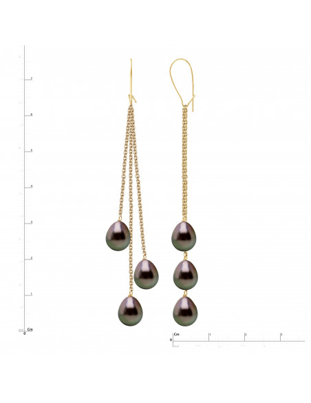 Boucles d'Oreilles Pendantes 6 Perles de Tahiti Poires 8-9 mm - Système Imperdable - Or 375 - POERAVA