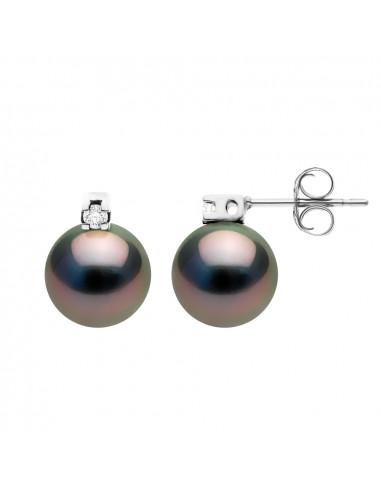 Boucles d'Oreilles Perles de Tahiti Rondes 8-9 mm - Diamants 0.04 cts - Joaillerie Argent 925 - KEVANANGO