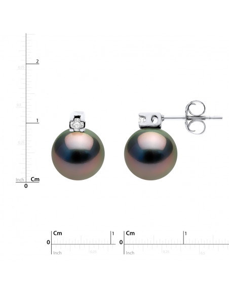 Boucles d'Oreilles Perles de Tahiti Rondes 8-9 mm - Diamants 0.04 cts - Joaillerie Argent 925 - KEVANANGO