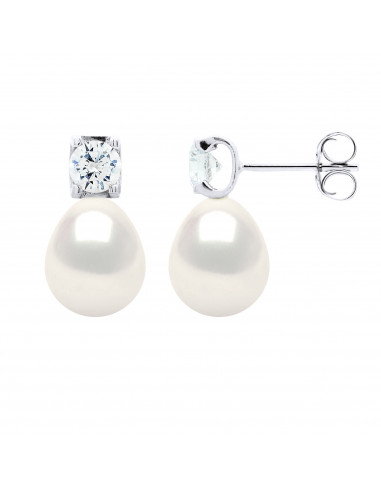 Boucles d'Oreilles Solitaire et Perles Poires 9-10 mm - Argent 925 - COUDRIAN