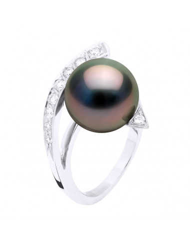 Bague Jonc Joaillerie Perle de Tahiti Ronde 12-13 mm - Diamants 0.27 Cts - Or 375 - NORU