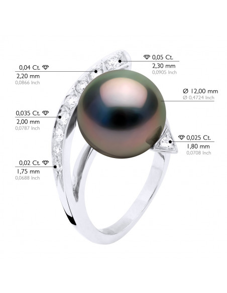 Ring Round Jewelery Tahitian Pearl Round 12-13 mm - Diamonds 0.27 CTS - Gold 375 - Noru