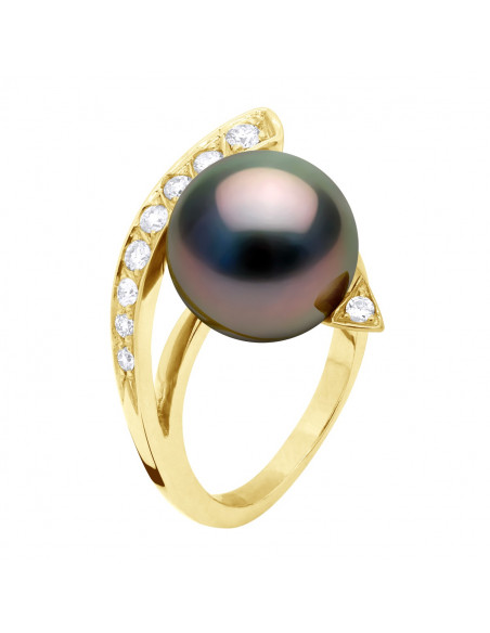 Ring Round Jewelery Tahitian Pearl Round 12-13 mm - Diamonds 0.27 CTS - Gold 375 - Noru