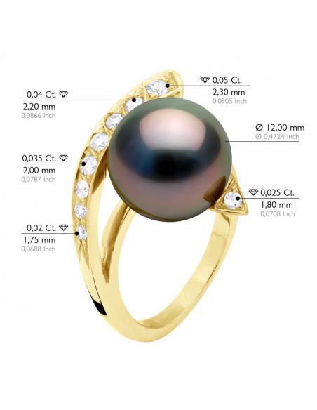 Ring Round Jewelery Tahitian Pearl Round 12-13 mm - Diamonds 0.27 CTS - Gold 375 - Noru