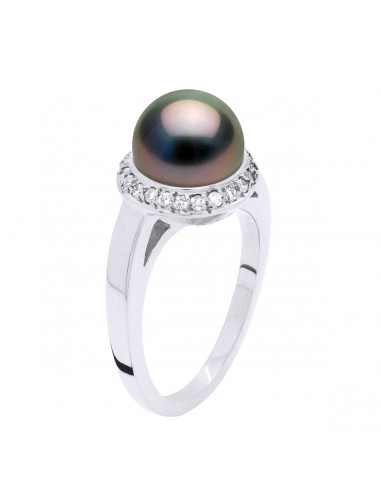 Bague Jonc Joaillerie Perle de Tahiti Ronde 9-10 mm - Diamants 0.38 Cts - Or 375 - FAKARA