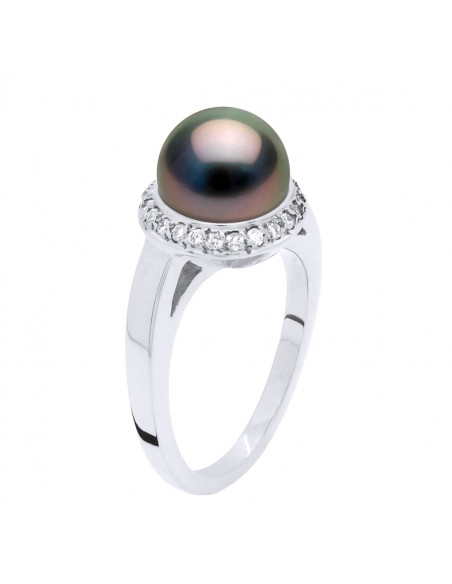 Ring Round Jewlery Tahitian Pearl Round 9-10 mm - Diamonds 0.38 CTS - Gold 375 - Fakara