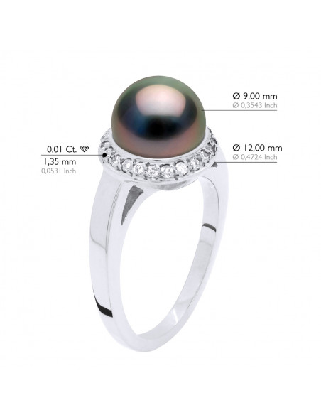 Ring Round Jewlery Tahitian Pearl Round 9-10 mm - Diamonds 0.38 CTS - Gold 375 - Fakara